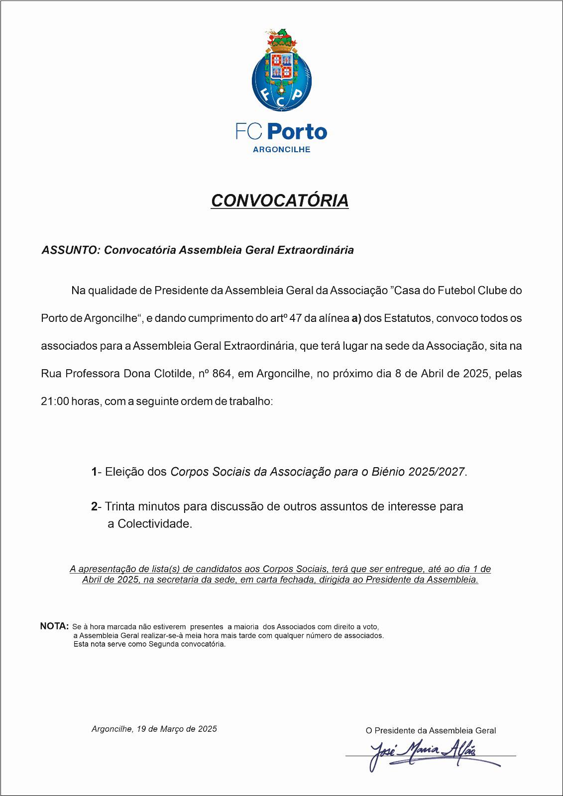 Convocatória para Assembleia Electiva de Novos Corpos Sociais 2025/2027