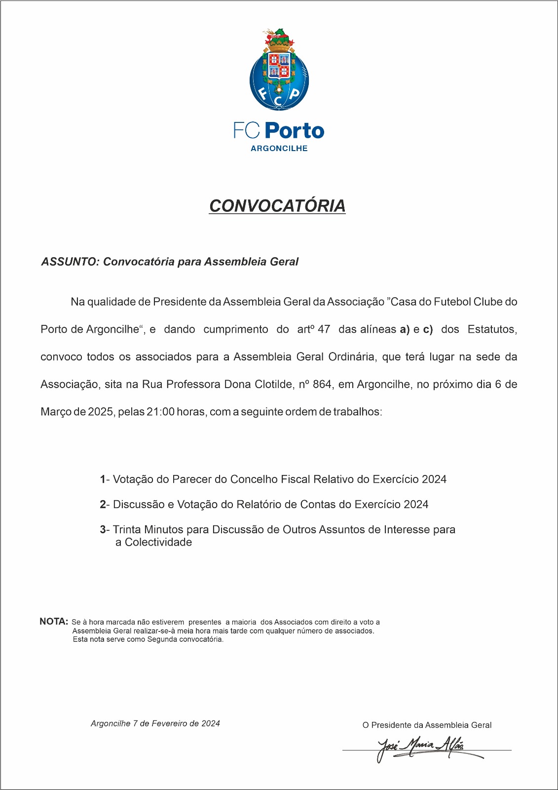 Convocatória para Assembleia Geral a 6/3/2025